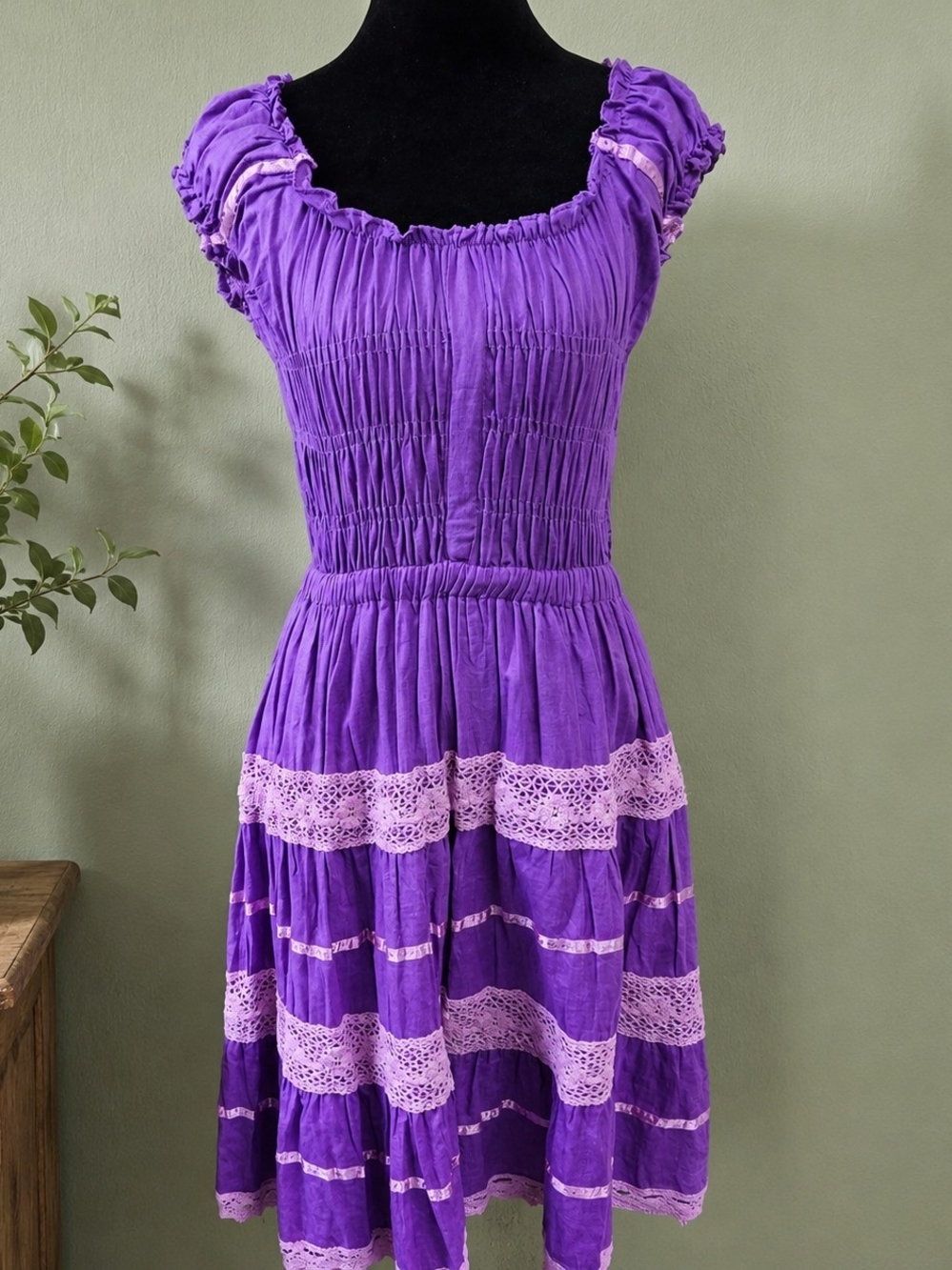 Sunflower Dress Medium Purple Pink Lace Y2K Cottagecore Smocked Cotton Stretch